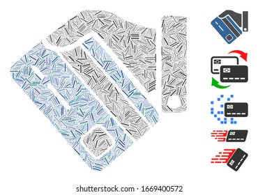 Hatch Mosaic based on card payment icon. Mosaic vector card payment is formed with scattered hatch items. Bonus icons are added.