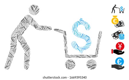 Hatch Mosaic based on cash out icon. Mosaic vector cash out is formed with randomized hatch spots. Bonus icons are added.