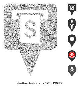 Hatch Mosaic based on cash machine map pointer icon. Mosaic vector cash machine map pointer is created with random hatch items. Bonus icons are added.