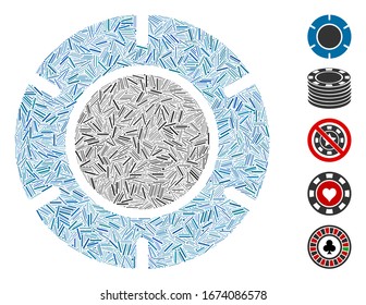 Hatch Mosaic based on casino chip icon. Mosaic vector casino chip is designed with random dash spots. Bonus icons are added.