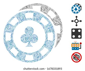 Hatch Mosaic based on casino chips icon. Mosaic vector casino chips is designed with randomized hatch spots. Bonus icons are added.