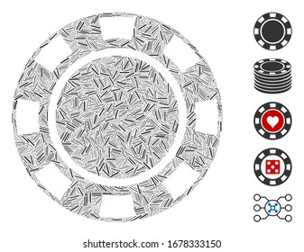 Mosaico Hatch basado en el icono del chip del casino. El chip de casino vector mosaico está compuesto por puntos de escote aleatorios. Se agregan iconos de bonificación.