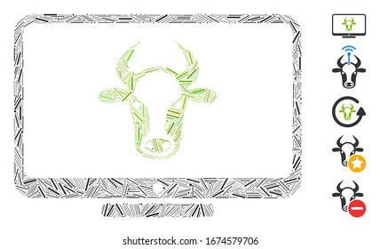 Hatch Mosaic based on cattle monitor icon. Mosaic vector cattle monitor is composed with random hatch dots. Bonus icons are added.