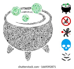 Hatch Mosaic based on cauldron icon. Mosaic vector cauldron is formed with randomized hatch items. Bonus icons are added.