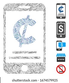 Hatch Mosaic based on cent mobile payment icon. Mosaic vector cent mobile payment is created with scattered hatch dots. Bonus icons are added.