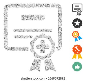 Hatch Mosaic based on certification icon. Mosaic vector certification is formed with randomized hatch elements. Bonus icons are added.