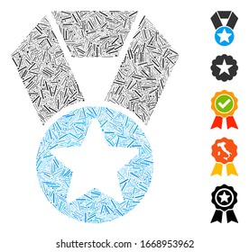Hatch Mosaic based on champion medal icon. Mosaic vector champion medal is created with scattered hatch dots. Bonus icons are added.
