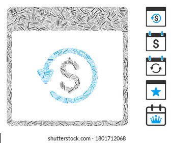 Hatch Mosaic based on chargeback calendar page icon. Mosaic vector chargeback calendar page is created with random hatch elements. Bonus icons are added.