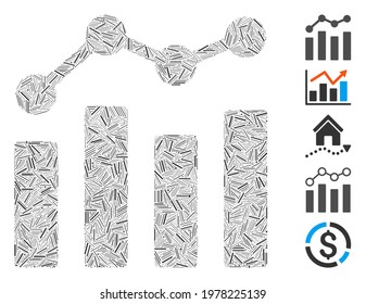 Hatch Mosaic based on charts icon. Mosaic vector charts is formed with randomized hatch spots. Bonus icons are added.