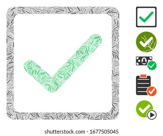 Mosaico de escotilla basado en el icono de la casilla de verificación. La casilla de verificación vector mosaico se compone de elementos de rayado aleatorizados. Se agregan iconos de bonificación.