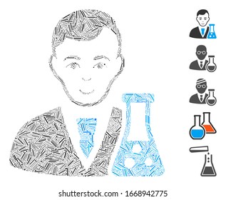Hatch Mosaic based on chemical scientist icon. Mosaic vector chemical scientist is composed with scattered hatch elements. Bonus icons are added.