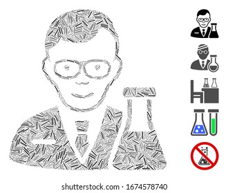 Hatch Mosaic based on chemist icon. Mosaic vector chemist is composed with scattered hatch spots. Bonus icons are added.