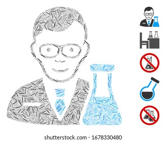 Hatch Mosaic based on chemist icon. Mosaic vector chemist is designed with random line elements. Bonus icons are added.