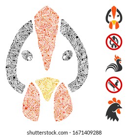Hatch Mosaic based on chicken face icon. Mosaic vector chicken face is formed with randomized hatch dots. Bonus icons are added.