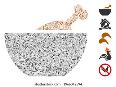Hatch Mosaic based on chicken soup icon. Mosaic vector chicken soup is formed with randomized hatch dots. Bonus icons are added.