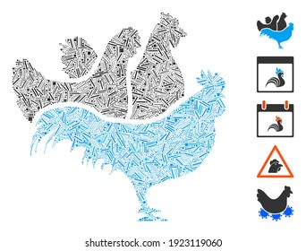 Hatch Mosaic based on chickens icon. Mosaic vector chickens is created with random hatch items. Bonus icons are added.