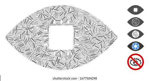 Hatch Mosaic based on chip eye retina icon. Mosaic vector chip eye retina is designed with scattered hatch dots. Bonus icons are added.