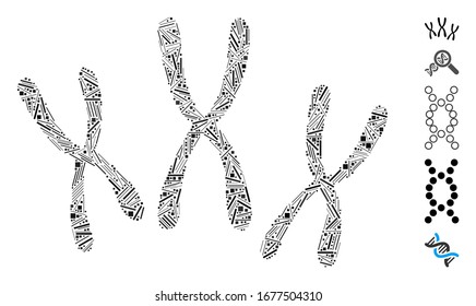 Hatch Mosaic based on chromosomes icon. Mosaic vector chromosomes is designed with randomized hatch items. Bonus icons are added.