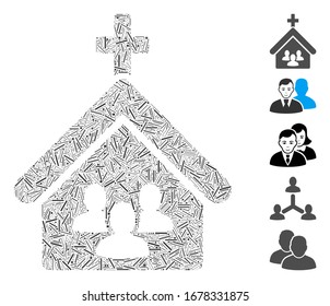 Hatch Mosaic based on church people icon. Mosaic vector church people is created with random hatch items. Bonus icons are added.