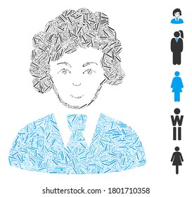 Mosaico de escotilla basado en el icono de la mujer del empleado. La empleada del vector mosaico se compone de puntos de escotilla aleatorizados. Se agregan iconos de bonificación.