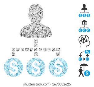 Hatch Mosaic based on client payments icon. Mosaic vector client payments is designed with scattered hatch dots. Bonus icons are added.