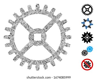 Hatch Mosaic based on clock tooth wheel icon. Mosaic vector clock tooth wheel is composed with scattered hatch dots. Bonus icons are added.