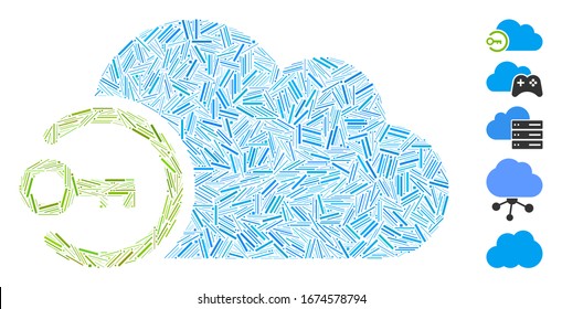 Hatch Mosaic based on cloud login icon. Mosaic vector cloud login is composed with random hatch dots. Bonus icons are added.
