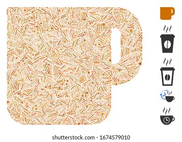 Mosaico de escotilla basado en el icono de la taza de café. La taza de café vector mosaico está diseñada con manchas de escotilla dispersas. Se agregan iconos de bonificación.