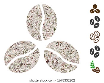 Hatch Mosaic based on coffee beans icon. Mosaic vector coffee beans is composed with random hatch elements. Bonus icons are added.