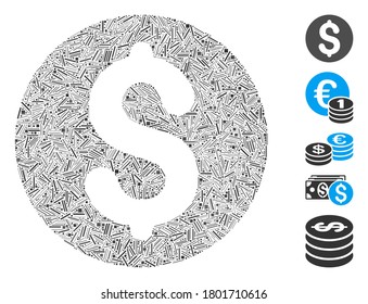 Hatch Mosaic based on coin icon. Mosaic vector coin is created with scattered hatch elements. Bonus icons are added.