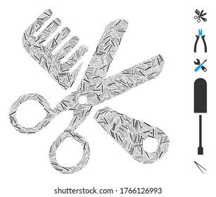 Hatch Mosaic based on comb and scissors tools icon. Mosaic vector comb and scissors tools is formed with random hatch items. Bonus icons are added.