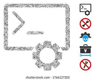 Hatch Mosaic based on console administration icon. Mosaic vector console administration is formed with randomized hatch spots. Bonus icons are added.