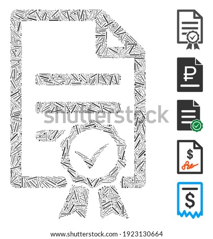 Hatch Mosaic based on contract document icon. Mosaic vector contract document is designed with randomized hatch items. Bonus icons are added.