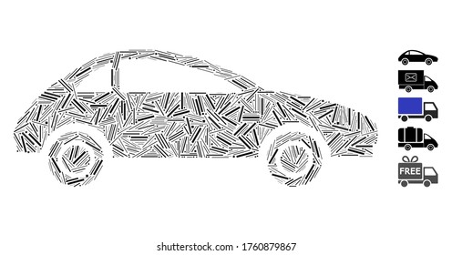 Mosaico de escotilla basado en el icono de la coupe car. El coche de coupe vector mosaico se forma con puntos de línea al azar. Se agregan iconos de bonificación.