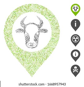 Hatch Mosaic based on cow map marker icon. Mosaic vector cow map marker is created with randomized hatch spots. Bonus icons are added.