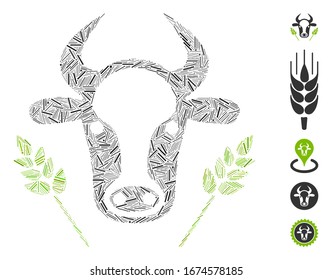 Hatch Mosaik auf der Grundlage der Kuh- und Weizenlandwirtschaft Symbol. Die Mosaikkühe und die Weizenlandwirtschaft der Vektorillustration bilden sich aus verstreuten Brutstellen. Bonussymbole werden hinzugefügt.
