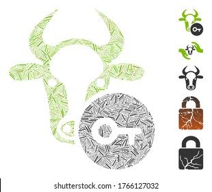 Hatch Mosaic based on cow key icon. Mosaic vector cow key is composed with scattered hatch dots. Bonus icons are added.