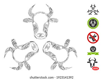 Hatch Mosaic based on cow trinity icon. Mosaic vector cow trinity is designed with randomized hatch dots. Bonus icons are added.