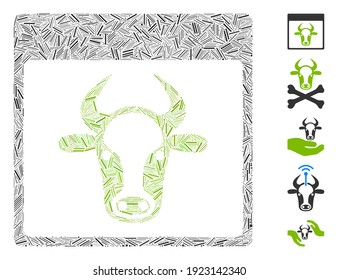 Hatch Mosaic based on cow page icon. Mosaic vector cow page is designed with scattered hatch elements. Bonus icons are added.