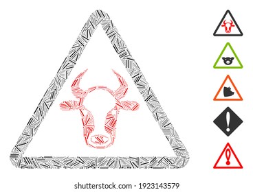Hatch Mosaic based on cow danger icon. Mosaic vector cow danger is composed with scattered hatch items. Bonus icons are added.