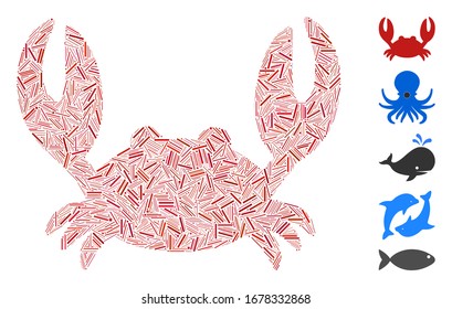 Hatch Mosaic based on crab icon. Mosaic vector crab is composed with random line elements. Bonus icons are added.