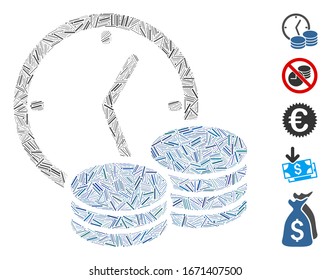 Hatch Mosaic basiert auf dem Credit Icon. Die Mosaikkredite der Vektorillustration bilden sich aus verstreuten Schlupfpunkten. Bonussymbole werden hinzugefügt.