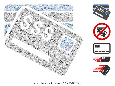 Hatch Mosaic based on credit cards icon. Mosaic vector credit cards is designed with random hatch elements. Bonus icons are added.