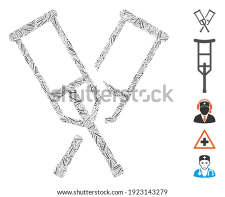 Hatch Mosaic based on crutches icon. Mosaic vector crutches is composed with randomized hatch items. Bonus icons are added.