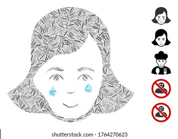Hatch Mosaic based on crying woman face icon. Mosaic vector crying woman face is composed with randomized line elements. Bonus icons are added.