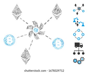 Hatch Mosaic basiert auf Kryptowährungs-Mixer-Rotorsymbol. Der Kryptowährungsmischer-Rotor der Mosaik-Vektorillustration besteht aus zerstreuten Brutpunkten. Bonussymbole werden hinzugefügt.