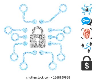 Hatch Mosaic based on cryptography icon. Mosaic vector cryptography is formed with scattered hatch elements. Bonus icons are added.