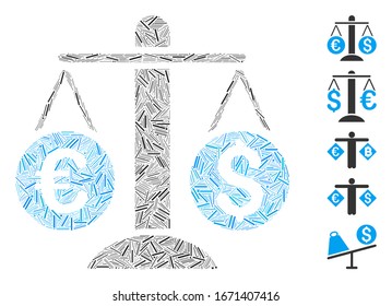 Hatch Mosaic based on currency scales icon. Mosaic vector currency scales is created with random hatch elements. Bonus icons are added.
