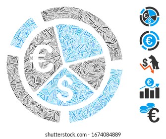 Hatch Mosaic based on currency diagram icon. Mosaic vector currency diagram is designed with random hatch items. Bonus icons are added.