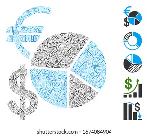 Hatch Mosaic based on currency pie chart icon. Mosaic vector currency pie chart is designed with randomized hatch spots. Bonus icons are added.